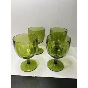 Vtg MCM Bartlett Collins Green Avocado Glass 16 Oz Thumbprint Goblets Set Of 4